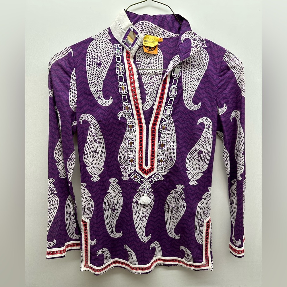 Tory Burch purple beaded long sleeve tunic